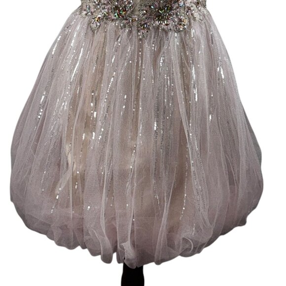 Tony Bowls Jeweled & Lace Bodice Pink Tulle & Silver Short Bubble Dress … - Picture 8 of 13